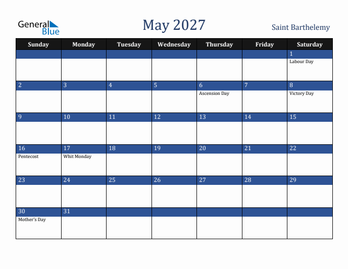 May 2027 Saint Barthelemy Calendar (Sunday Start)