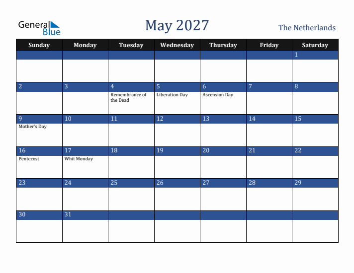 May 2027 The Netherlands Calendar (Sunday Start)