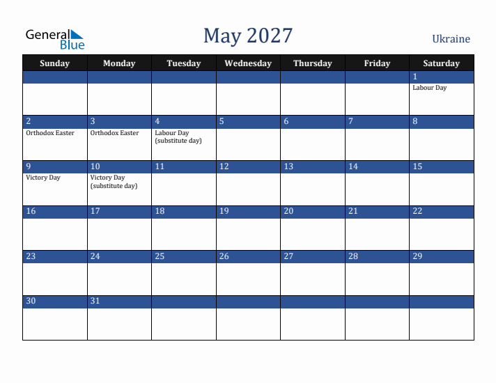 May 2027 Ukraine Calendar (Sunday Start)