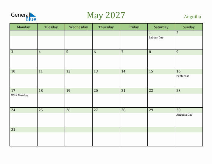 May 2027 Calendar with Anguilla Holidays