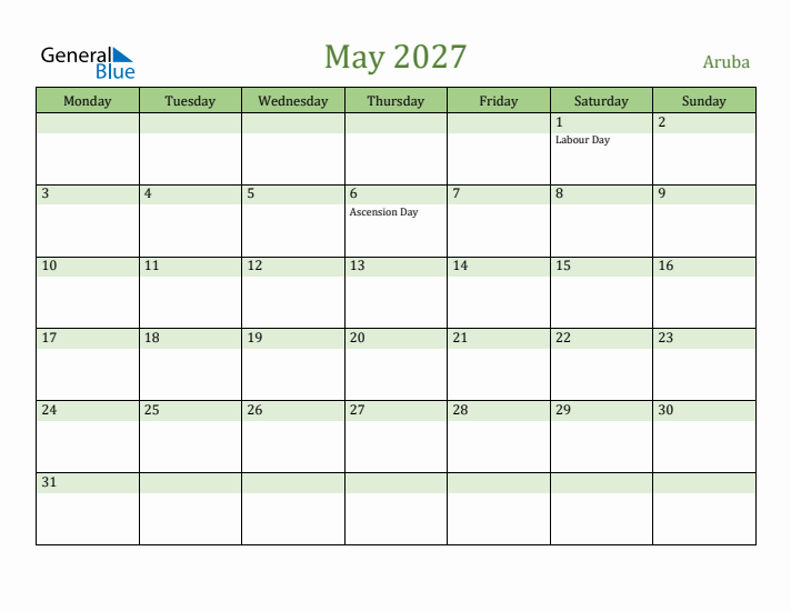 May 2027 Calendar with Aruba Holidays