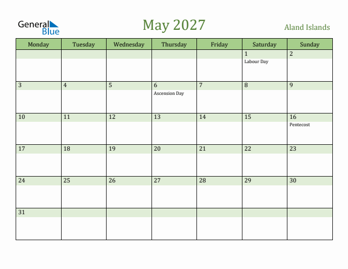 May 2027 Calendar with Aland Islands Holidays