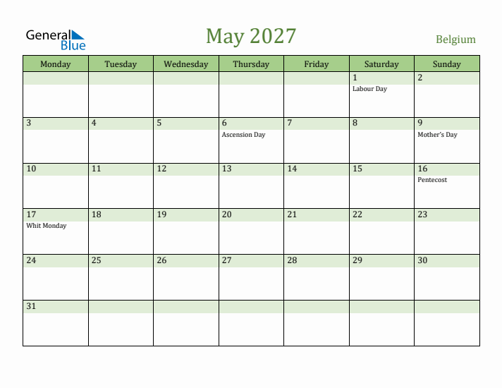 May 2027 Calendar with Belgium Holidays