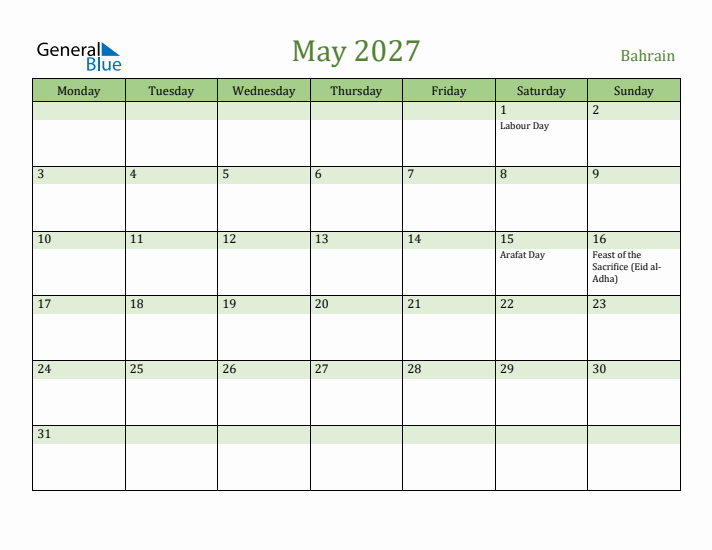 May 2027 Calendar with Bahrain Holidays