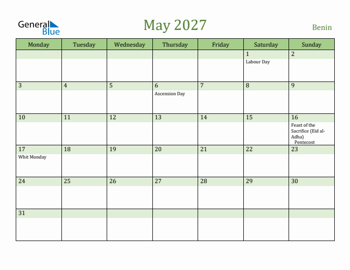 May 2027 Calendar with Benin Holidays