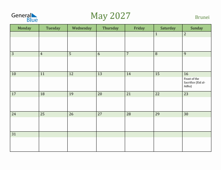 May 2027 Calendar with Brunei Holidays