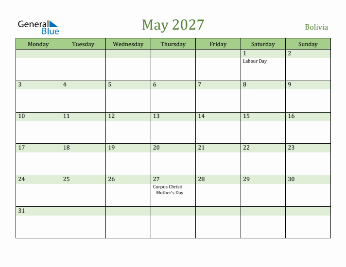 May 2027 Calendar with Bolivia Holidays