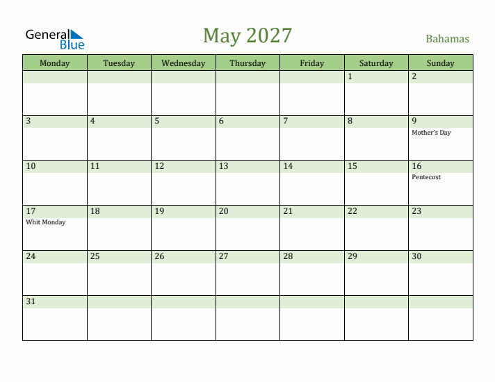 May 2027 Calendar with Bahamas Holidays