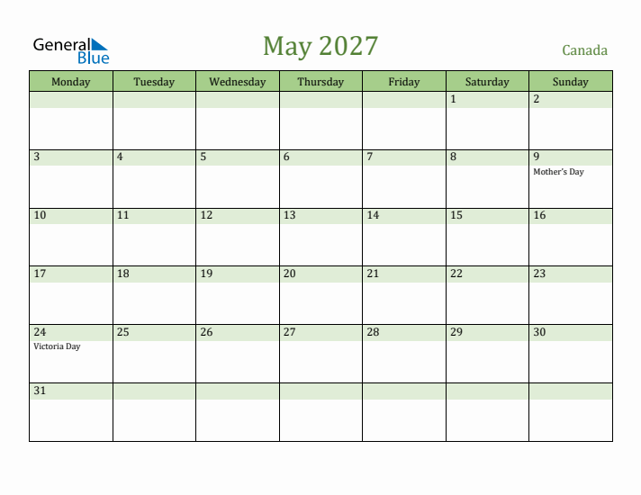 May 2027 Calendar with Canada Holidays