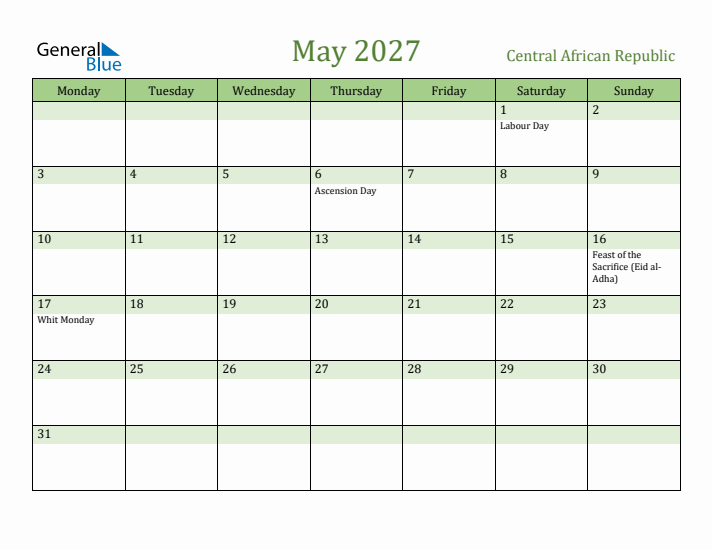 May 2027 Calendar with Central African Republic Holidays