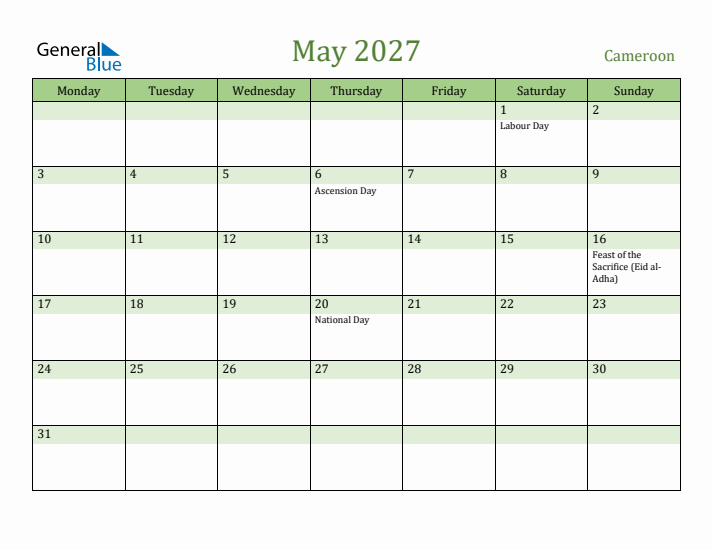 May 2027 Calendar with Cameroon Holidays