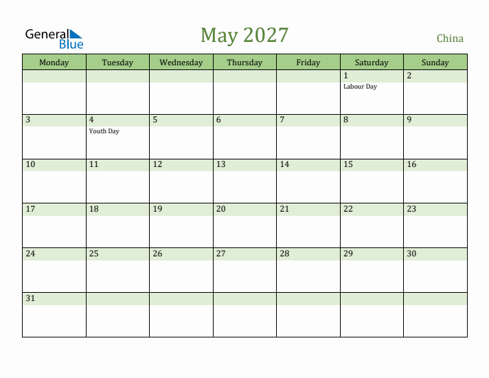 May 2027 Calendar with China Holidays