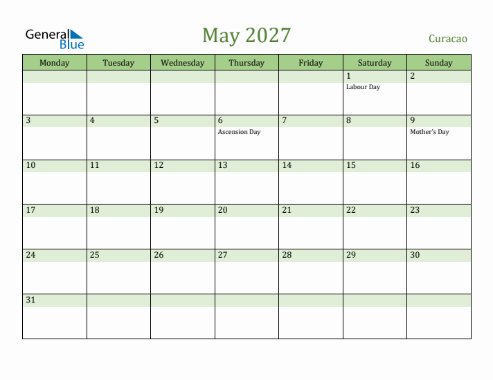 May 2027 Calendar with Curacao Holidays