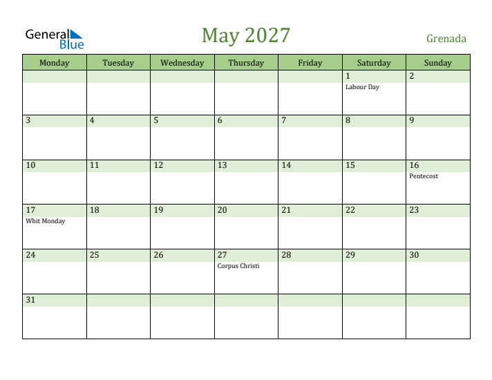 May 2027 Calendar with Grenada Holidays