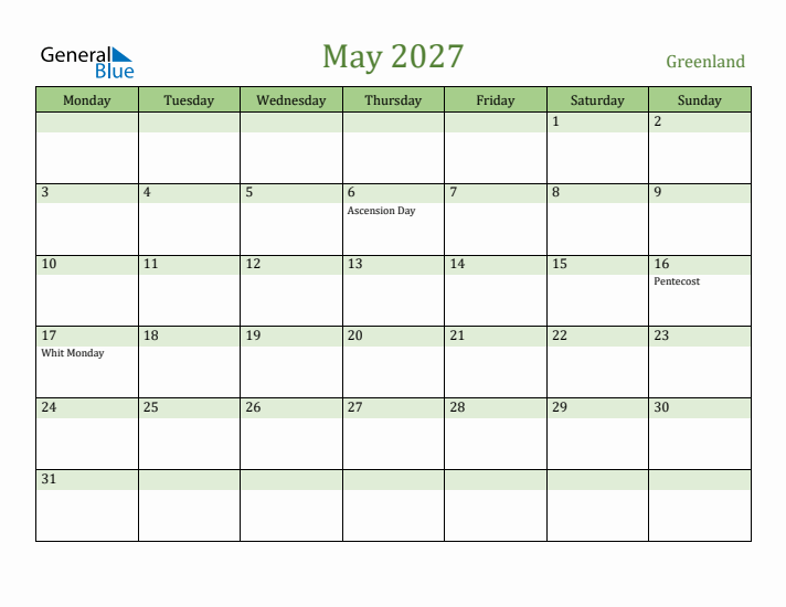 May 2027 Calendar with Greenland Holidays