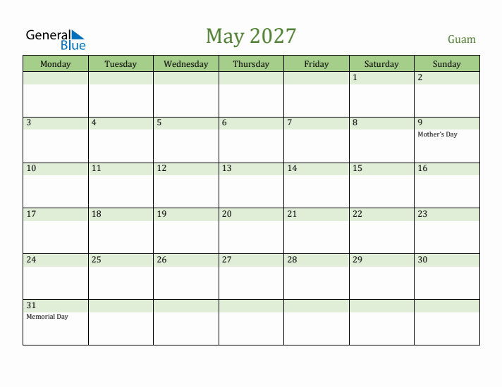 May 2027 Calendar with Guam Holidays