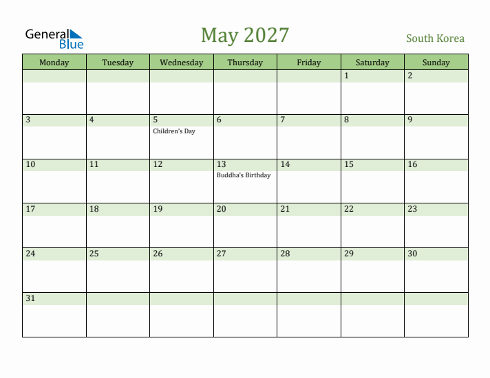 May 2027 Calendar with South Korea Holidays