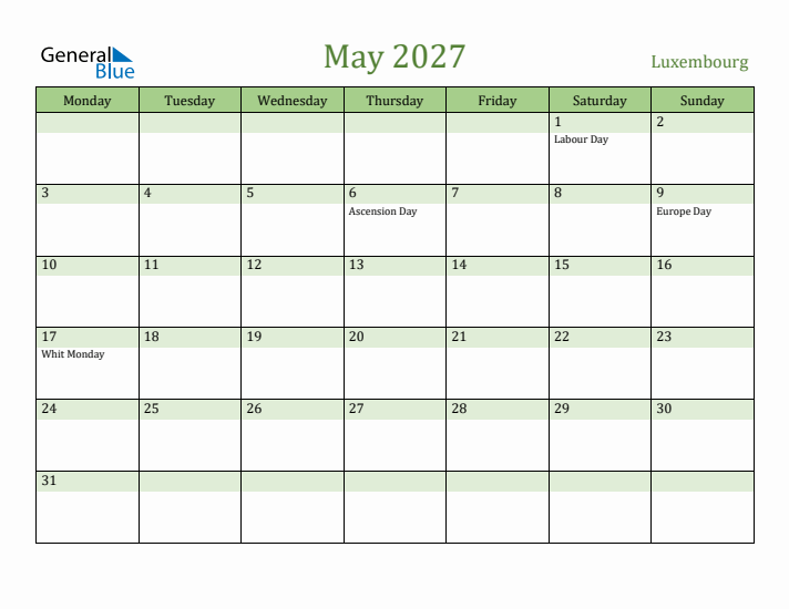 May 2027 Calendar with Luxembourg Holidays