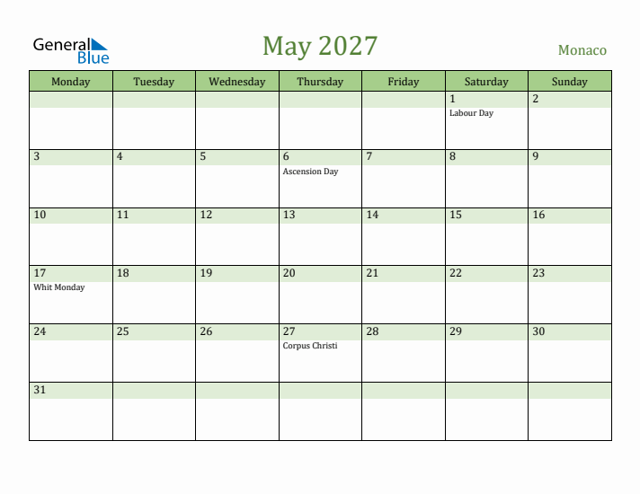 May 2027 Calendar with Monaco Holidays