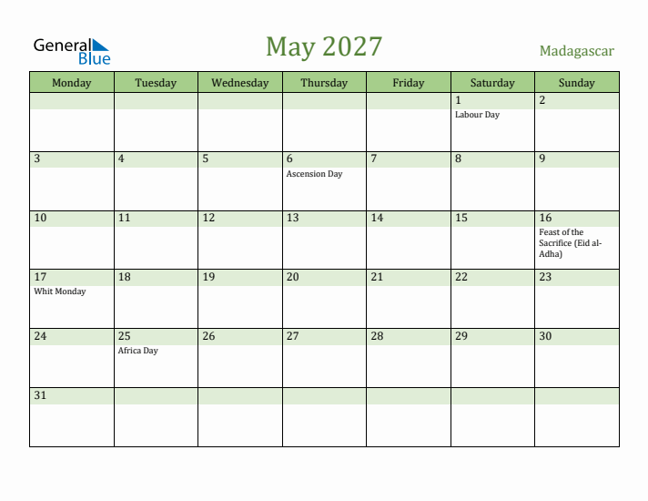 May 2027 Calendar with Madagascar Holidays