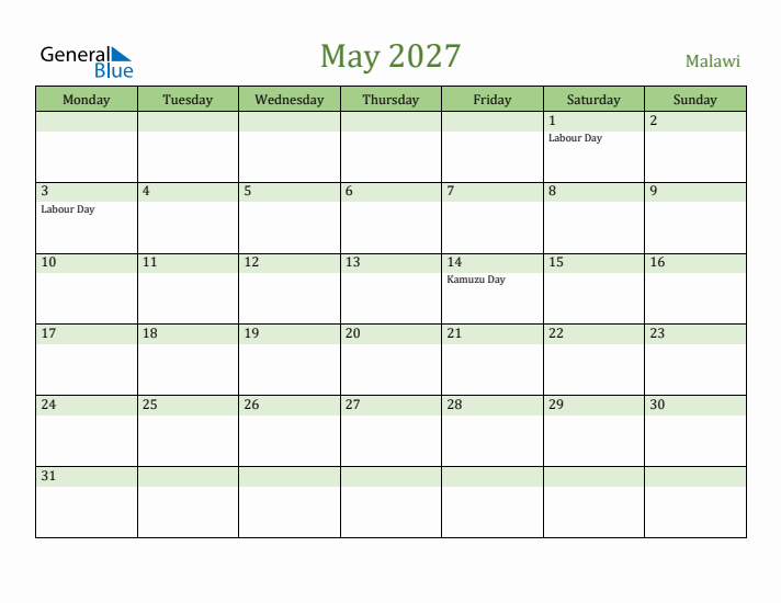 May 2027 Calendar with Malawi Holidays