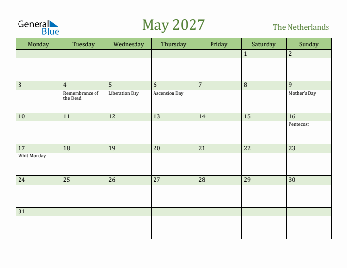 May 2027 Calendar with The Netherlands Holidays