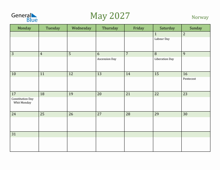 May 2027 Calendar with Norway Holidays