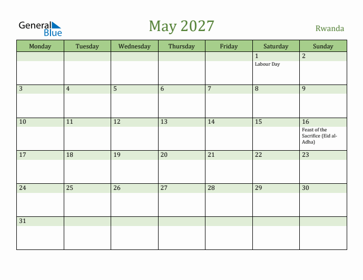 May 2027 Calendar with Rwanda Holidays