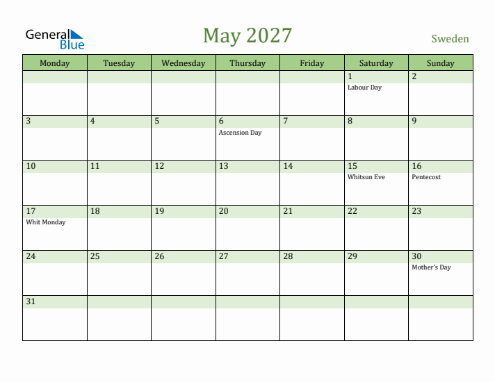 May 2027 Calendar with Sweden Holidays