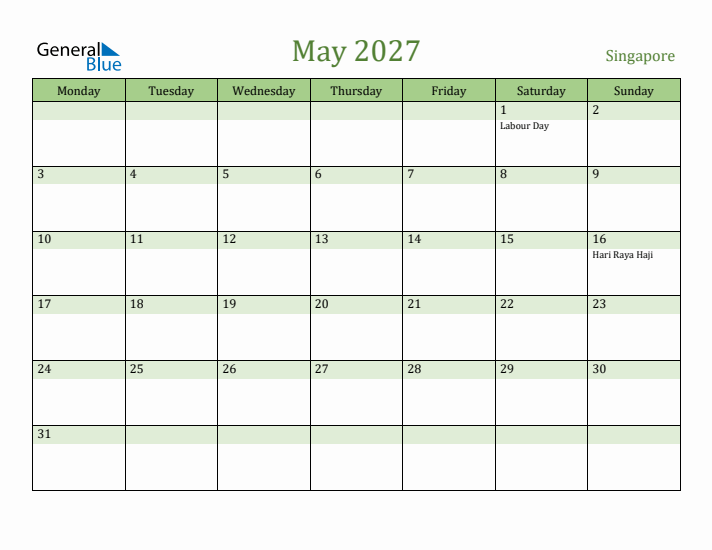 May 2027 Calendar with Singapore Holidays