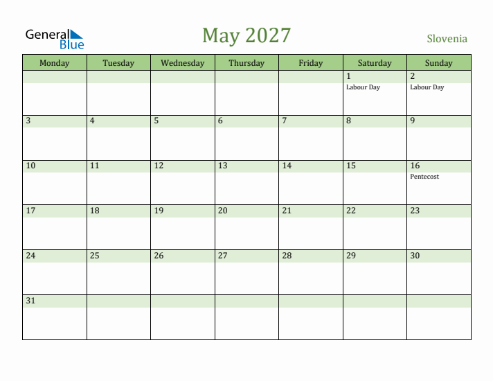 May 2027 Calendar with Slovenia Holidays