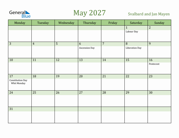 May 2027 Calendar with Svalbard and Jan Mayen Holidays