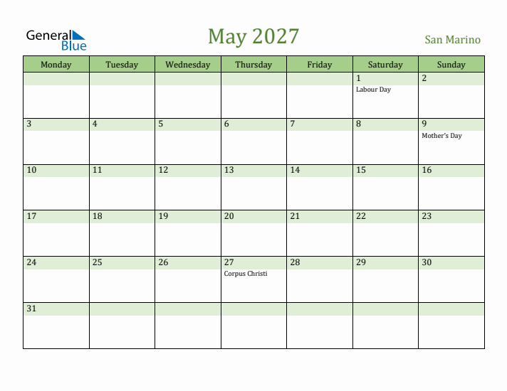 May 2027 Calendar with San Marino Holidays