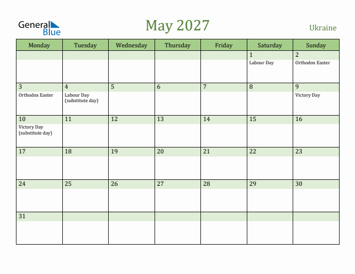 May 2027 Calendar with Ukraine Holidays