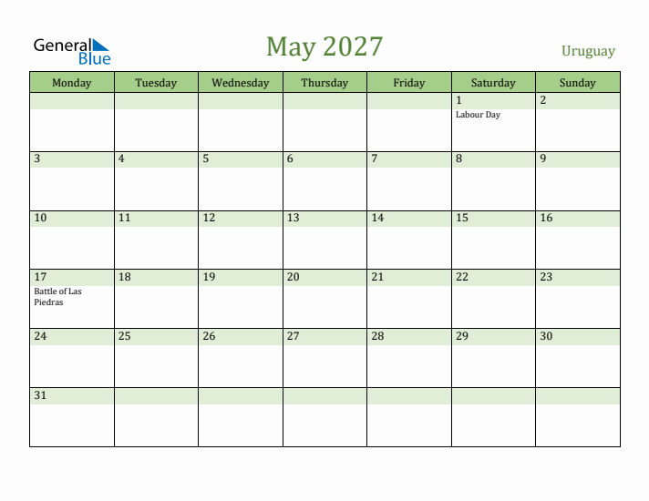 May 2027 Calendar with Uruguay Holidays