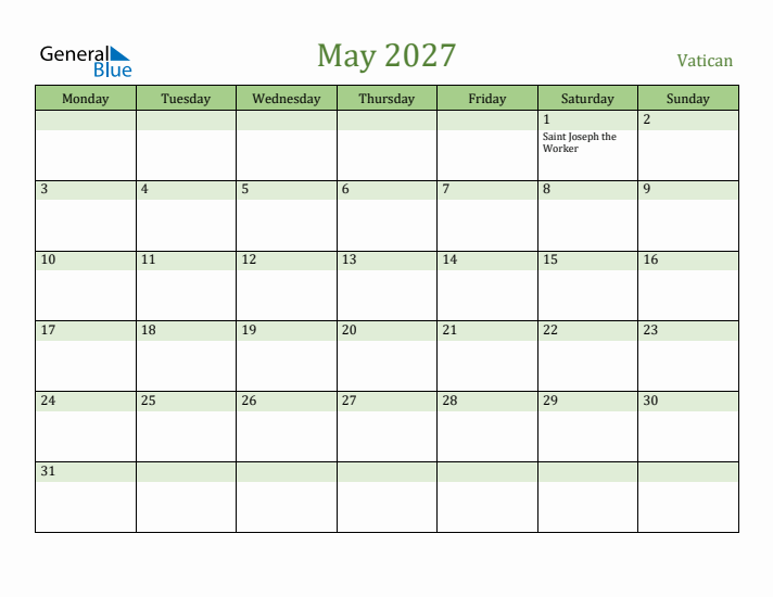 May 2027 Calendar with Vatican Holidays