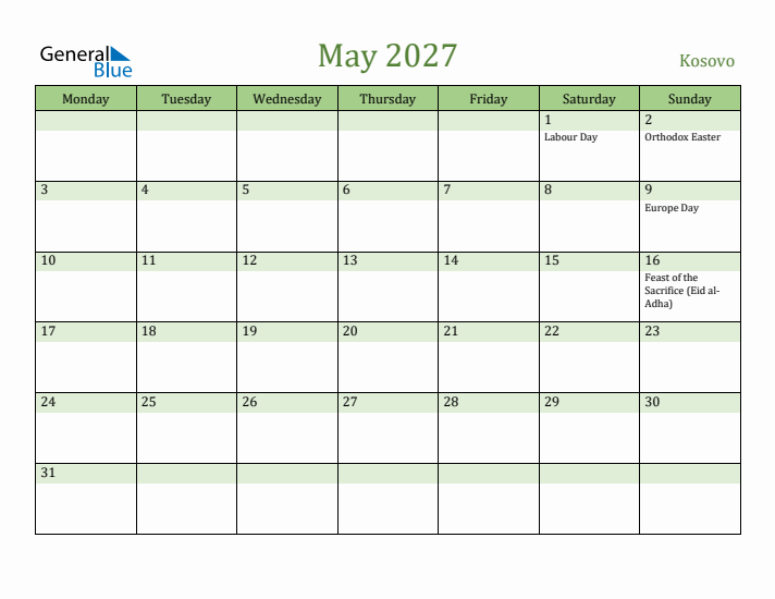 May 2027 Calendar with Kosovo Holidays