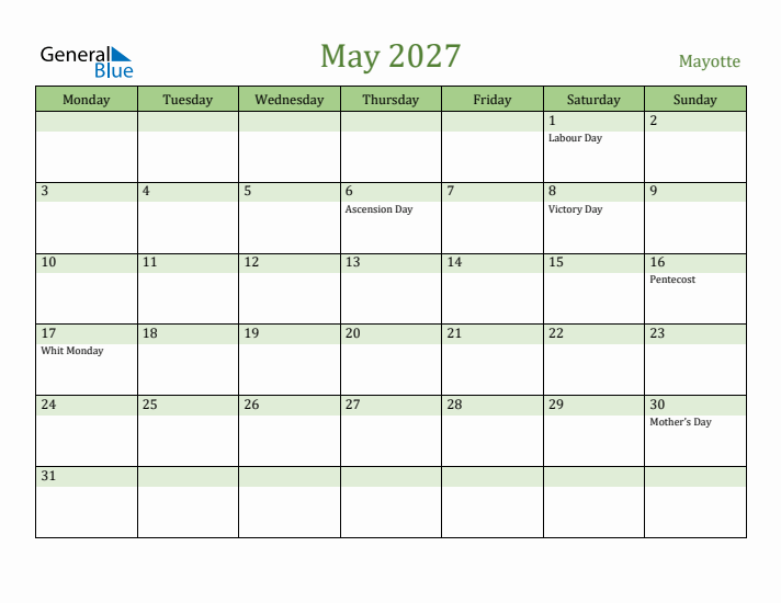 May 2027 Calendar with Mayotte Holidays