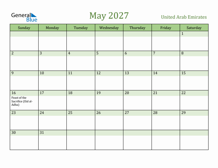 May 2027 Calendar with United Arab Emirates Holidays