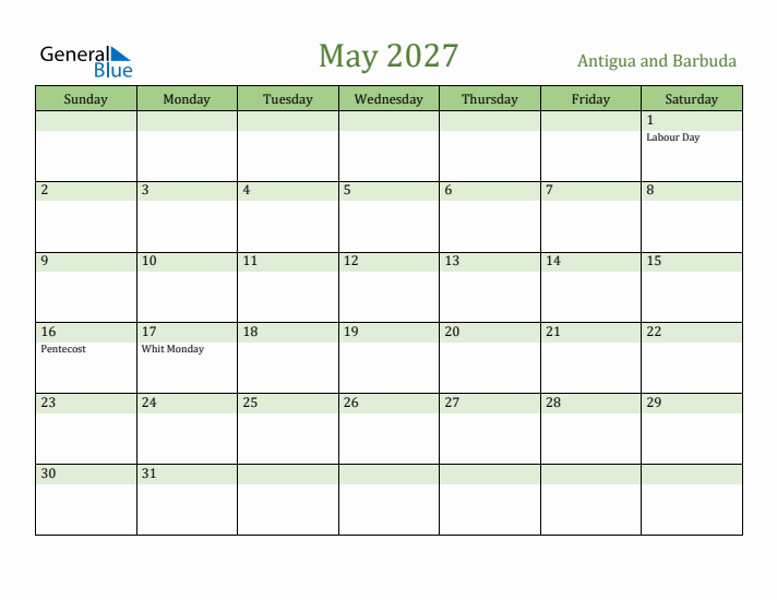 May 2027 Calendar with Antigua and Barbuda Holidays