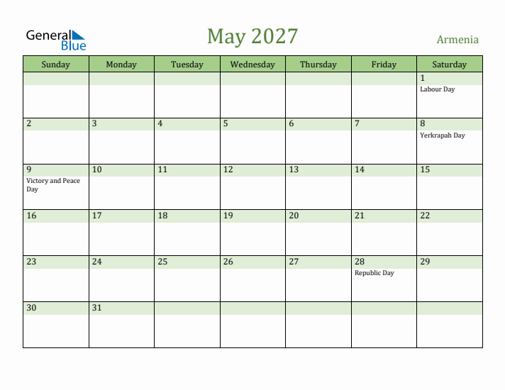 May 2027 Calendar with Armenia Holidays