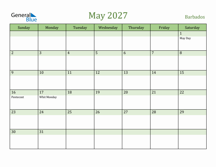 May 2027 Calendar with Barbados Holidays