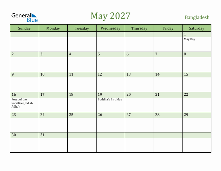 May 2027 Calendar with Bangladesh Holidays