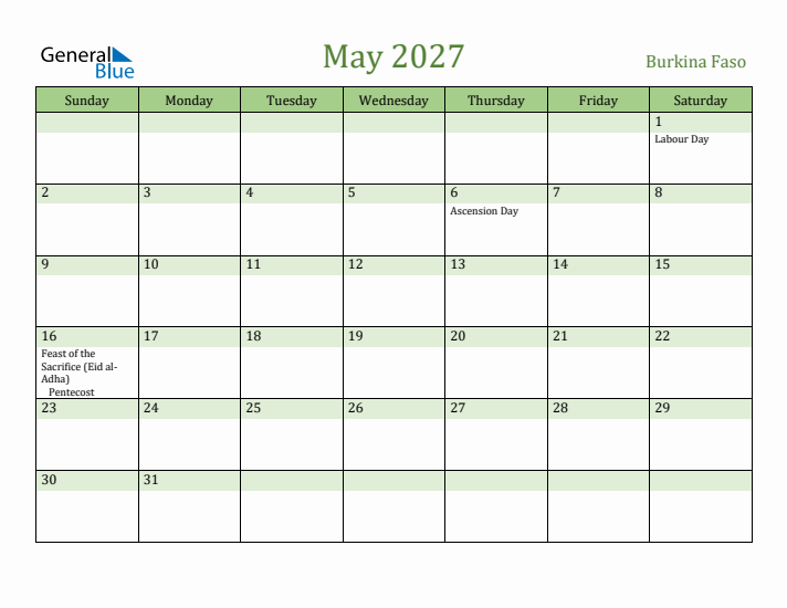 May 2027 Calendar with Burkina Faso Holidays