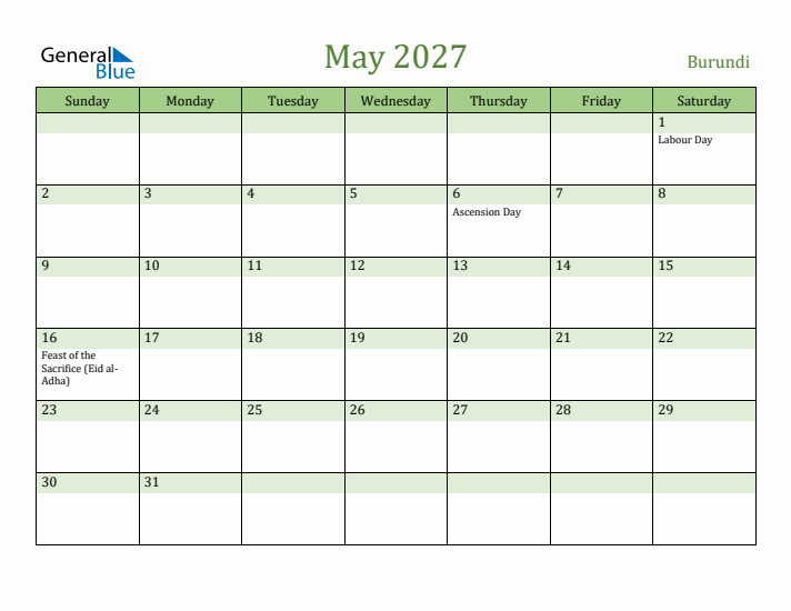 May 2027 Calendar with Burundi Holidays