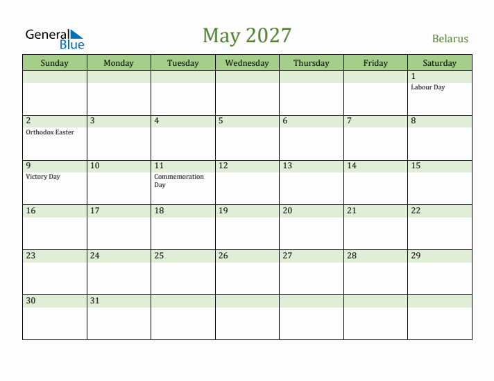 May 2027 Calendar with Belarus Holidays