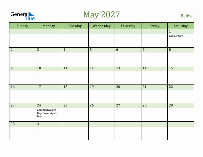 May 2027 Calendar with Belize Holidays