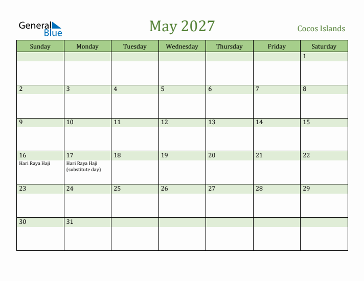 May 2027 Calendar with Cocos Islands Holidays