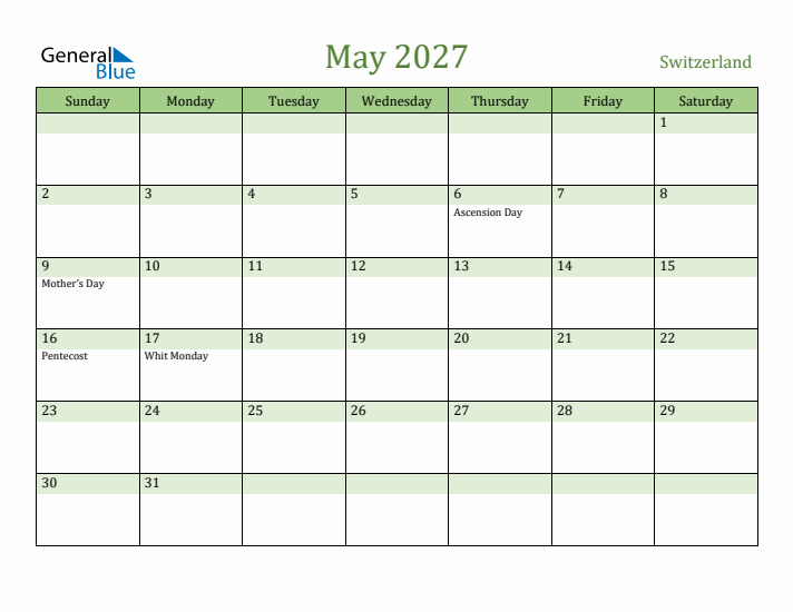 May 2027 Calendar with Switzerland Holidays