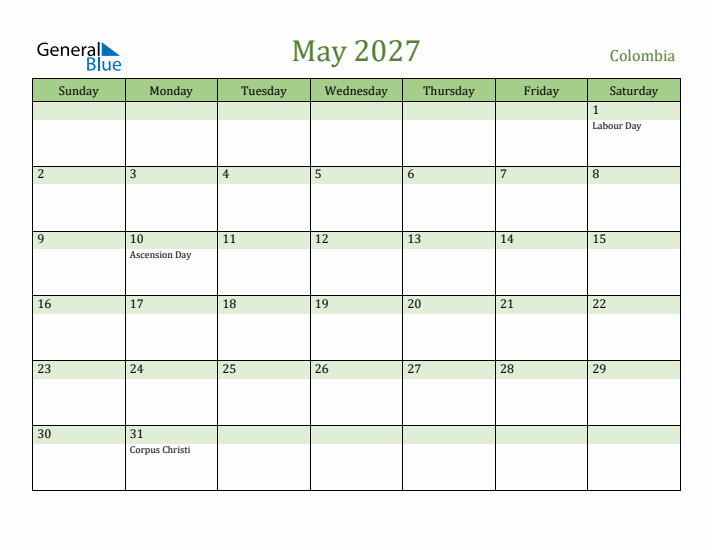 May 2027 Calendar with Colombia Holidays